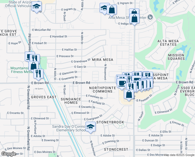map of restaurants, bars, coffee shops, grocery stores, and more near 4906 East Brown Road in Mesa
