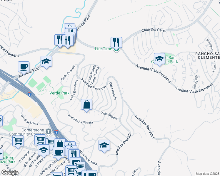 map of restaurants, bars, coffee shops, grocery stores, and more near 341 Calle Dorado in San Clemente