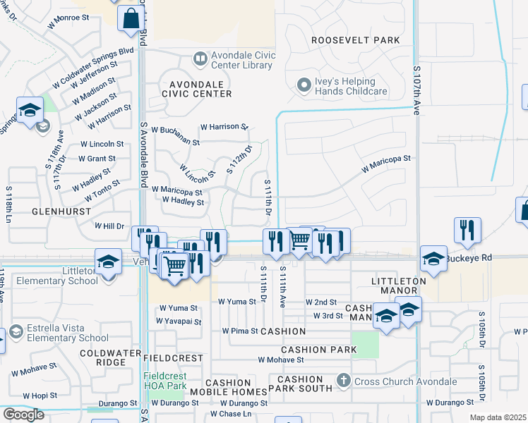 map of restaurants, bars, coffee shops, grocery stores, and more near 802 South 111th Drive in Avondale