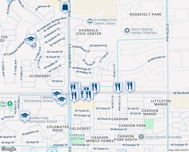 map of restaurants, bars, coffee shops, grocery stores, and more near 805 South 113th Avenue in Avondale