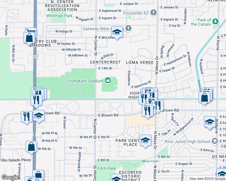 map of restaurants, bars, coffee shops, grocery stores, and more near 1235 North Center Street in Mesa