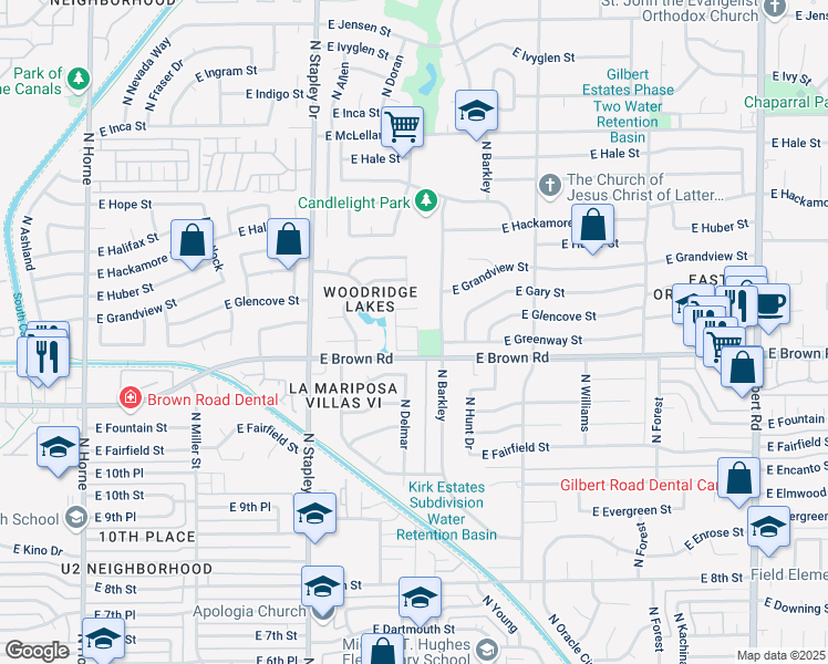 map of restaurants, bars, coffee shops, grocery stores, and more near 14 North La Mariposa Villas 4 in Mesa
