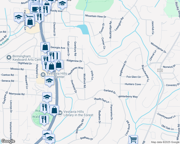 map of restaurants, bars, coffee shops, grocery stores, and more near 1208 Vista Lane in Vestavia Hills