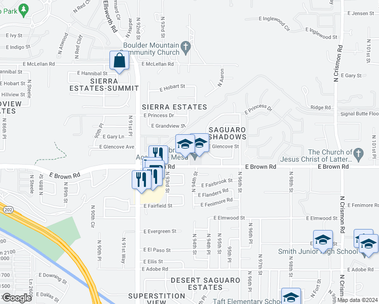 map of restaurants, bars, coffee shops, grocery stores, and more near 1313 North 94th Street in Mesa
