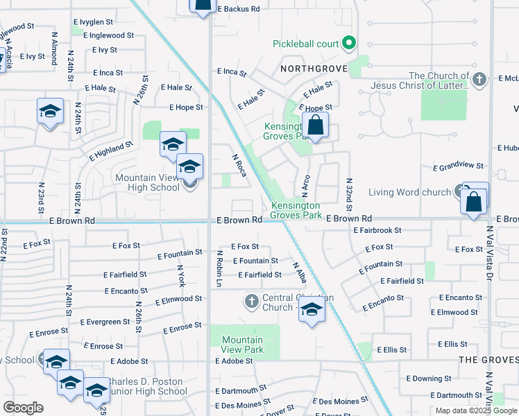map of restaurants, bars, coffee shops, grocery stores, and more near 2930 East Brown Road in Mesa