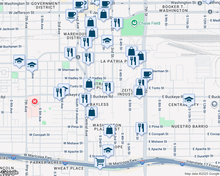 map of restaurants, bars, coffee shops, grocery stores, and more near 1001 South 2nd Street in Phoenix