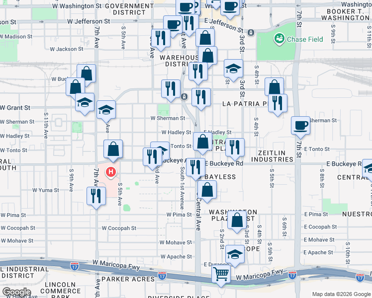 map of restaurants, bars, coffee shops, grocery stores, and more near 129 West Tonto Street in Phoenix