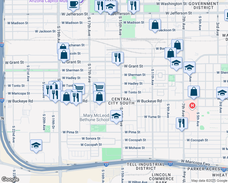 map of restaurants, bars, coffee shops, grocery stores, and more near 1516 West Maricopa Street in Phoenix