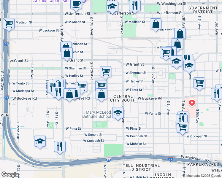 map of restaurants, bars, coffee shops, grocery stores, and more near 1036 South 16th Avenue in Phoenix