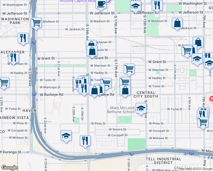 map of restaurants, bars, coffee shops, grocery stores, and more near 1016 South 17th Avenue in Phoenix