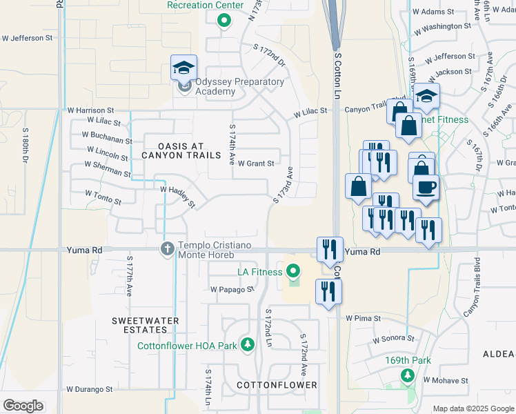 map of restaurants, bars, coffee shops, grocery stores, and more near 17369 West Hadley Street in Goodyear