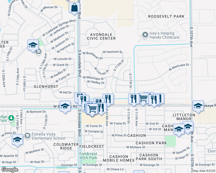 map of restaurants, bars, coffee shops, grocery stores, and more near 805 South 113th Avenue in Avondale