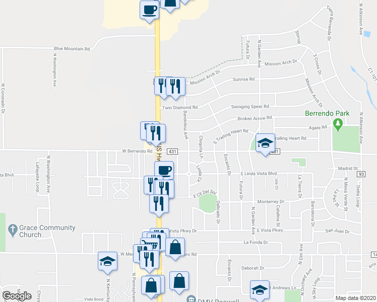 map of restaurants, bars, coffee shops, grocery stores, and more near 3300 Bandolina Avenue in Roswell