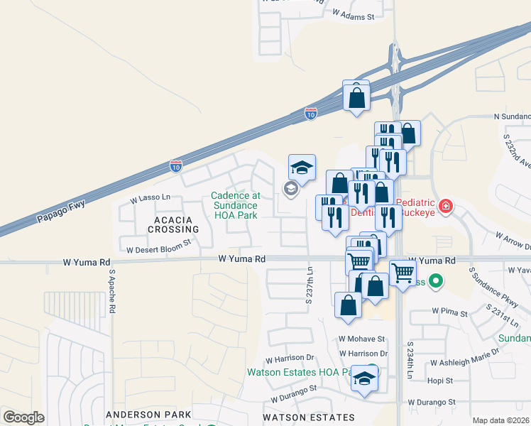 map of restaurants, bars, coffee shops, grocery stores, and more near 23866 West Hadley Street in Buckeye