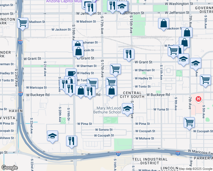 map of restaurants, bars, coffee shops, grocery stores, and more near 1015 South 17th Avenue in Phoenix