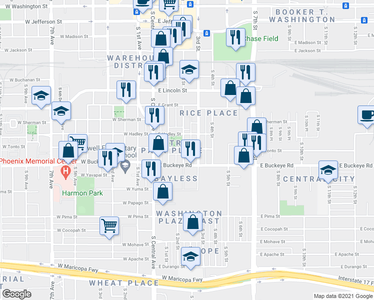 map of restaurants, bars, coffee shops, grocery stores, and more near 1001 South 2nd Street in Phoenix