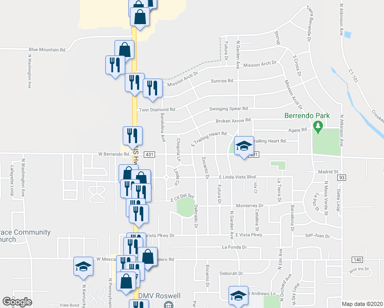 map of restaurants, bars, coffee shops, grocery stores, and more near 3301 East Trailing Heart Road in Roswell