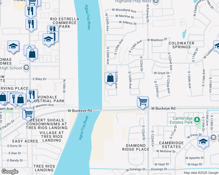 map of restaurants, bars, coffee shops, grocery stores, and more near 12514 West Hadley Street in Avondale