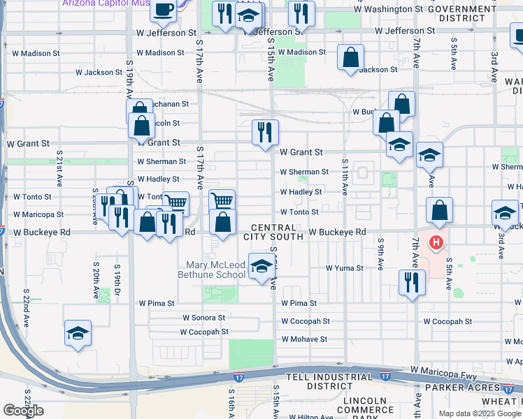 map of restaurants, bars, coffee shops, grocery stores, and more near 1516 W Maricopa St in Phoenix