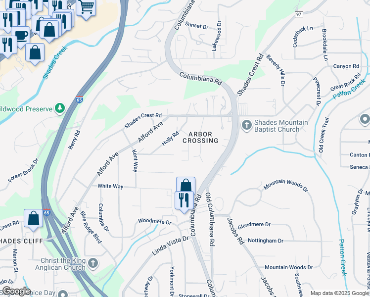 map of restaurants, bars, coffee shops, grocery stores, and more near 612 Longwood Place in Vestavia Hills
