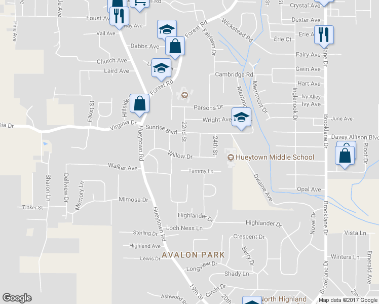 map of restaurants, bars, coffee shops, grocery stores, and more near 404 Willow Drive in Hueytown