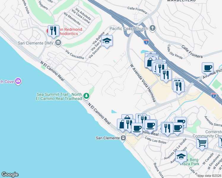map of restaurants, bars, coffee shops, grocery stores, and more near 103 Via Almodovar in San Clemente