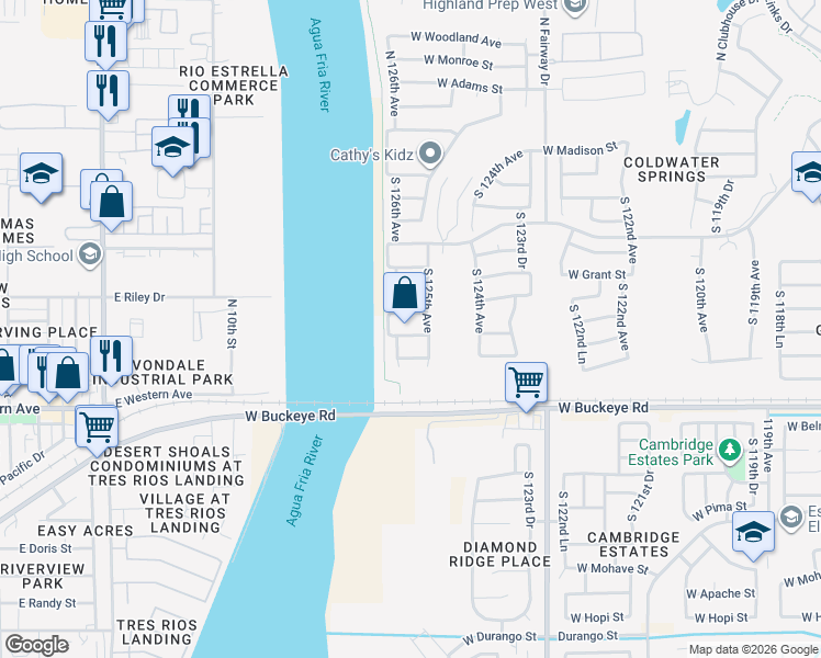 map of restaurants, bars, coffee shops, grocery stores, and more near 12514 West Hadley Street in Avondale