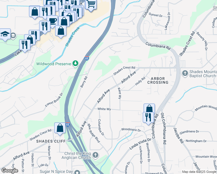 map of restaurants, bars, coffee shops, grocery stores, and more near 1460 Alford Avenue in Birmingham