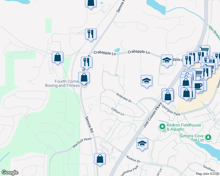 map of restaurants, bars, coffee shops, grocery stores, and more near 144 Ardenlee Drive in Peachtree City