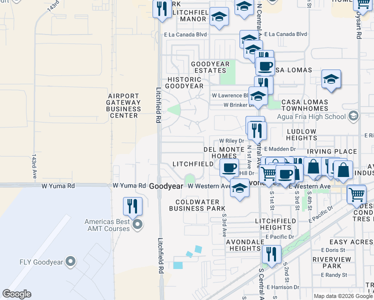 map of restaurants, bars, coffee shops, grocery stores, and more near 140 East Buena Vista Avenue in Goodyear
