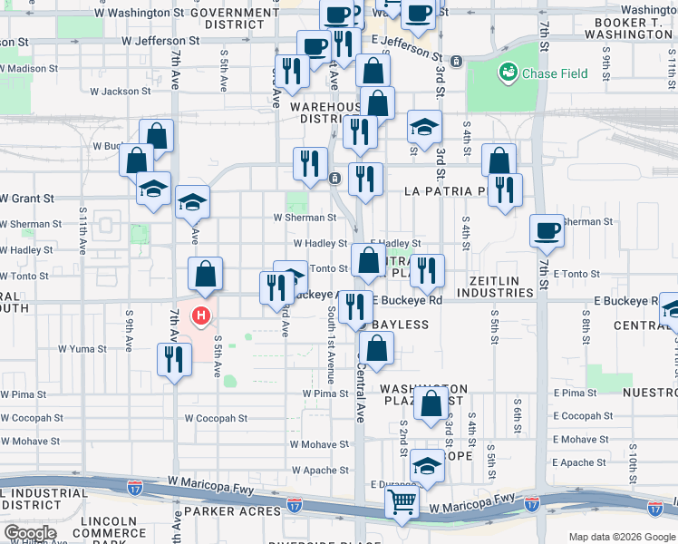 map of restaurants, bars, coffee shops, grocery stores, and more near 129 West Tonto Street in Phoenix