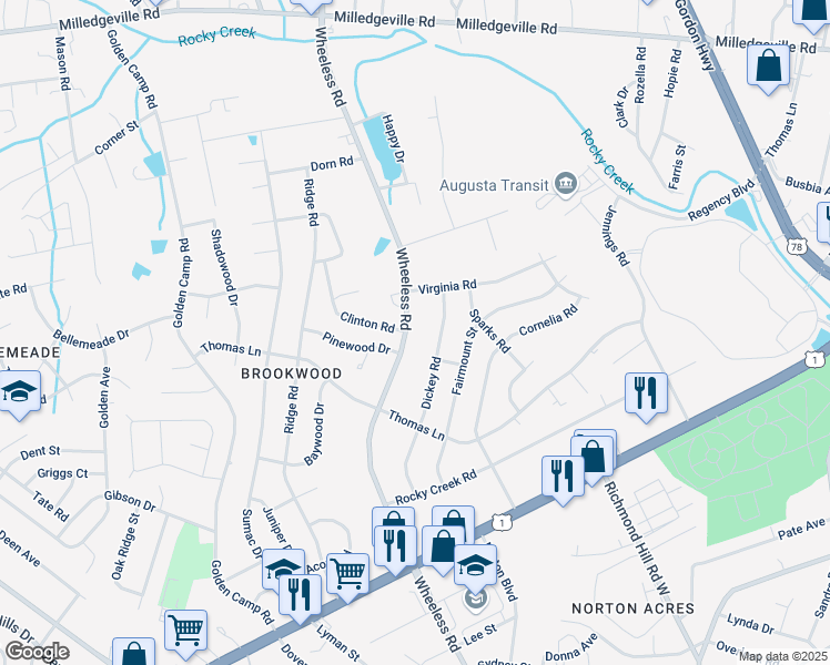 map of restaurants, bars, coffee shops, grocery stores, and more near 2384 Wheeless Road in Augusta
