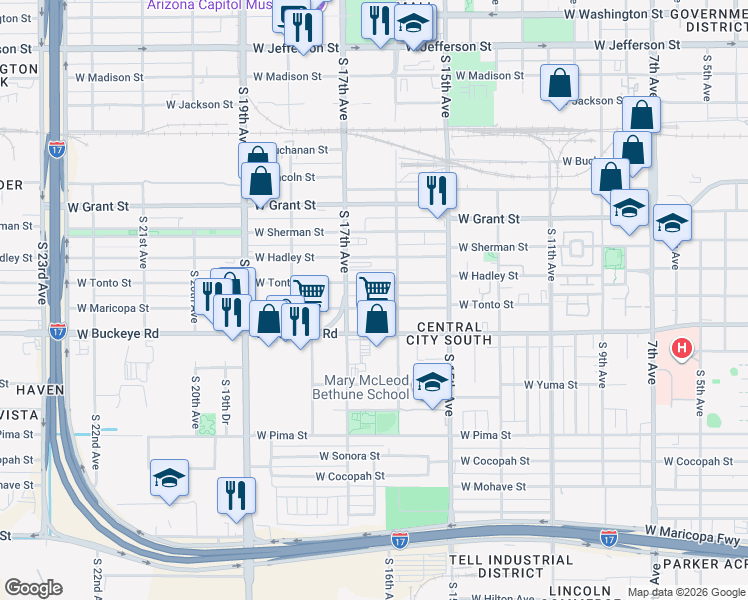 map of restaurants, bars, coffee shops, grocery stores, and more near 1050 South 16th Drive in Phoenix