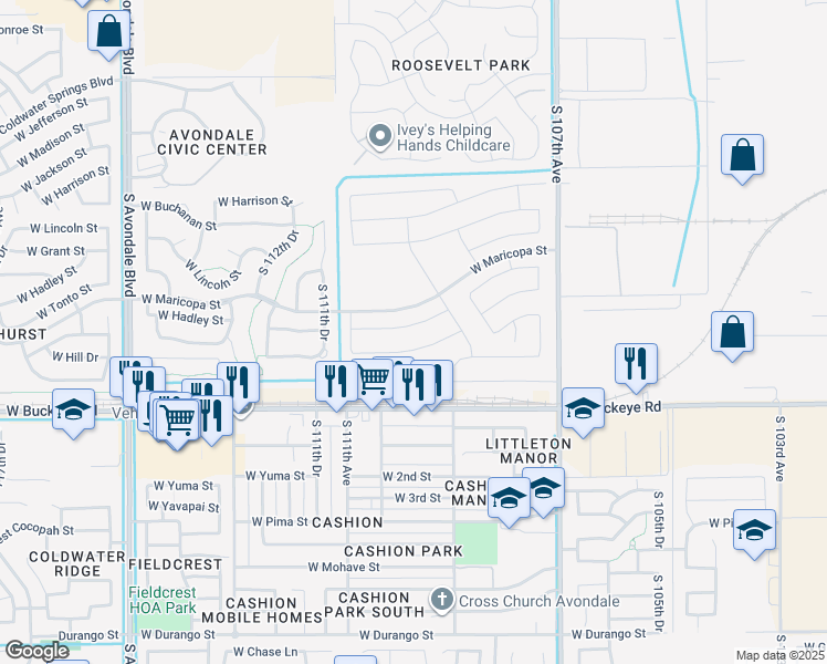 map of restaurants, bars, coffee shops, grocery stores, and more near 11037 West Hadley Street in Avondale