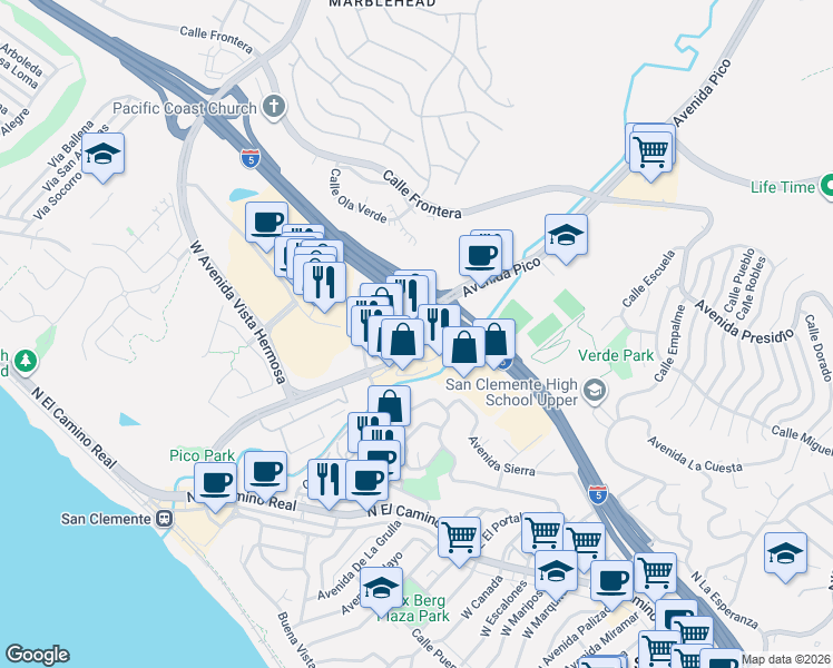 map of restaurants, bars, coffee shops, grocery stores, and more near 524 East Avenida Pico in San Clemente