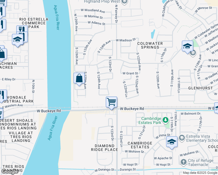map of restaurants, bars, coffee shops, grocery stores, and more near 725 S 123rd Dr in Avondale