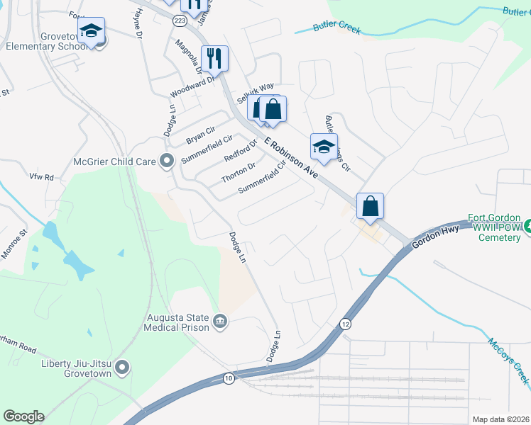 map of restaurants, bars, coffee shops, grocery stores, and more near 313 Taylor Circle in Grovetown
