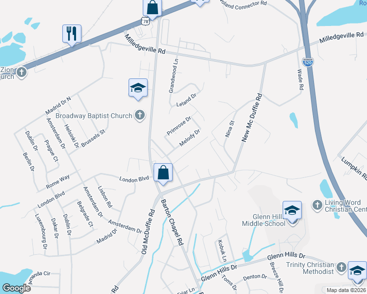 map of restaurants, bars, coffee shops, grocery stores, and more near 3517 Highview Court in Augusta