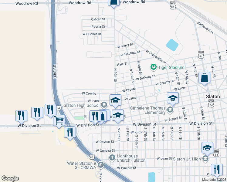 map of restaurants, bars, coffee shops, grocery stores, and more near 1300-1398 W Crosby St in Slaton