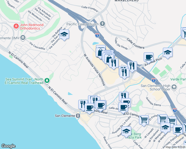 map of restaurants, bars, coffee shops, grocery stores, and more near 104 Via Pamplona in San Clemente
