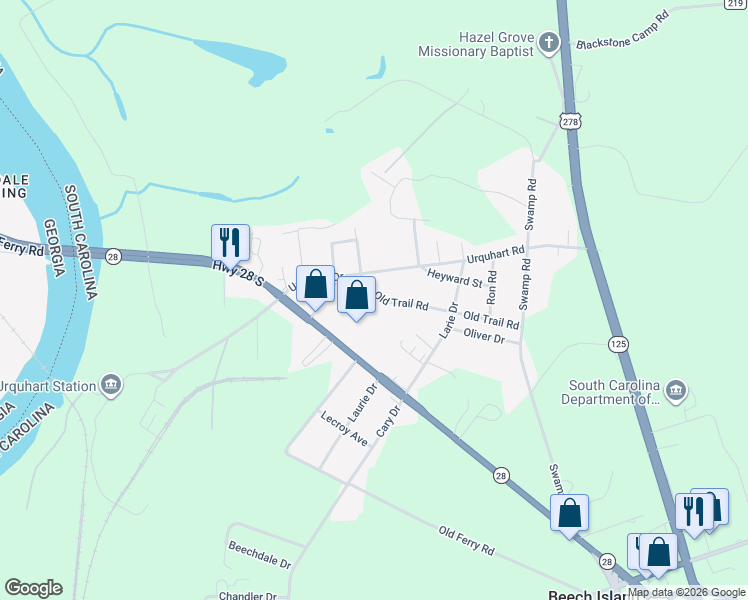 map of restaurants, bars, coffee shops, grocery stores, and more near 516 Old Trail Road in Beech Island