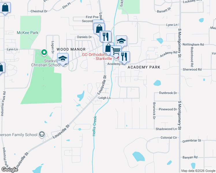 map of restaurants, bars, coffee shops, grocery stores, and more near 1257 Louisville Street in Starkville
