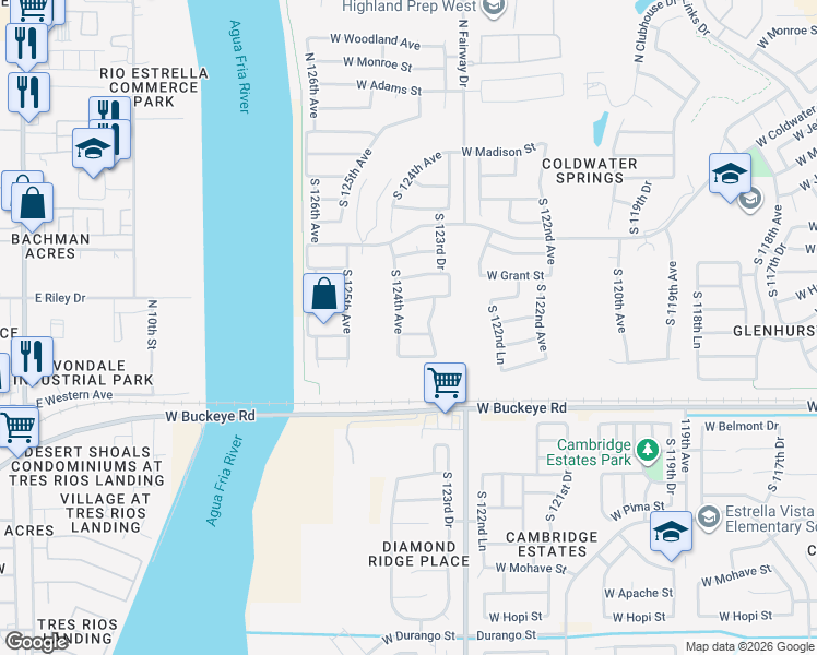 map of restaurants, bars, coffee shops, grocery stores, and more near 12368 West Hadley Street in Avondale