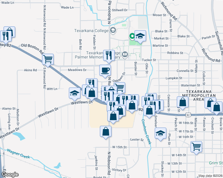 map of restaurants, bars, coffee shops, grocery stores, and more near 2052 North Robison Road in Texarkana