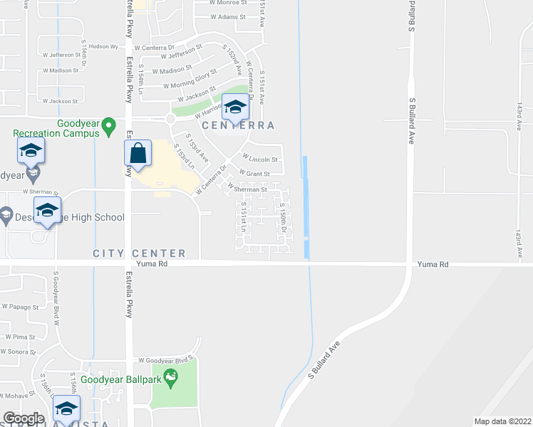 map of restaurants, bars, coffee shops, grocery stores, and more near 15130 West Hadley Street in Goodyear