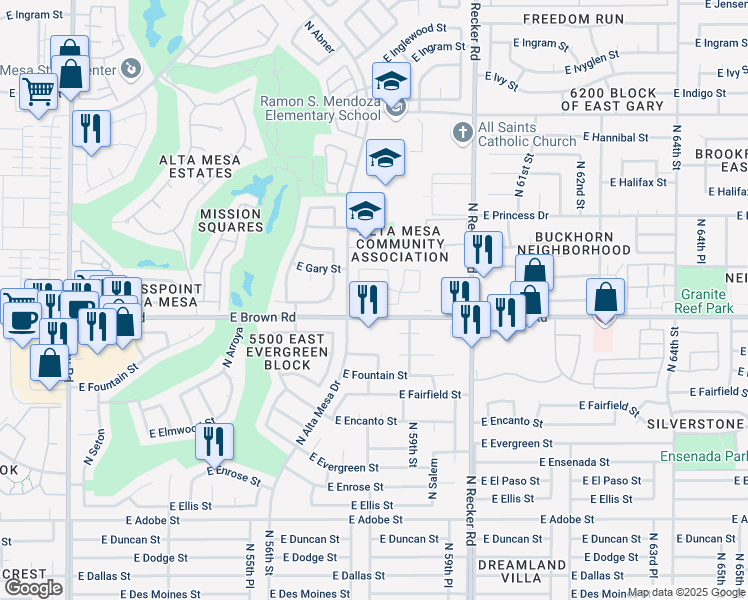 map of restaurants, bars, coffee shops, grocery stores, and more near 5808 East Brown Road in Mesa