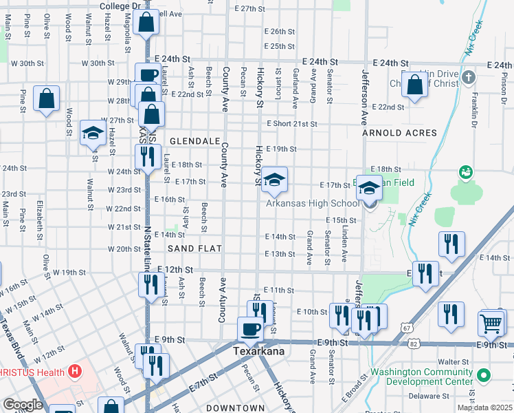 map of restaurants, bars, coffee shops, grocery stores, and more near 1519 Hickory St in Texarkana