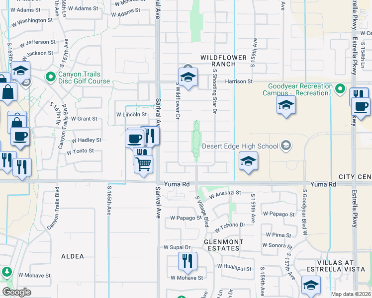 map of restaurants, bars, coffee shops, grocery stores, and more near 16176 West Tonto Street in Goodyear