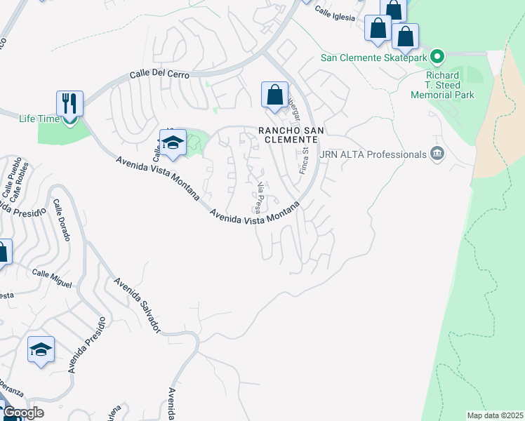 map of restaurants, bars, coffee shops, grocery stores, and more near 205 Via Presa in San Clemente