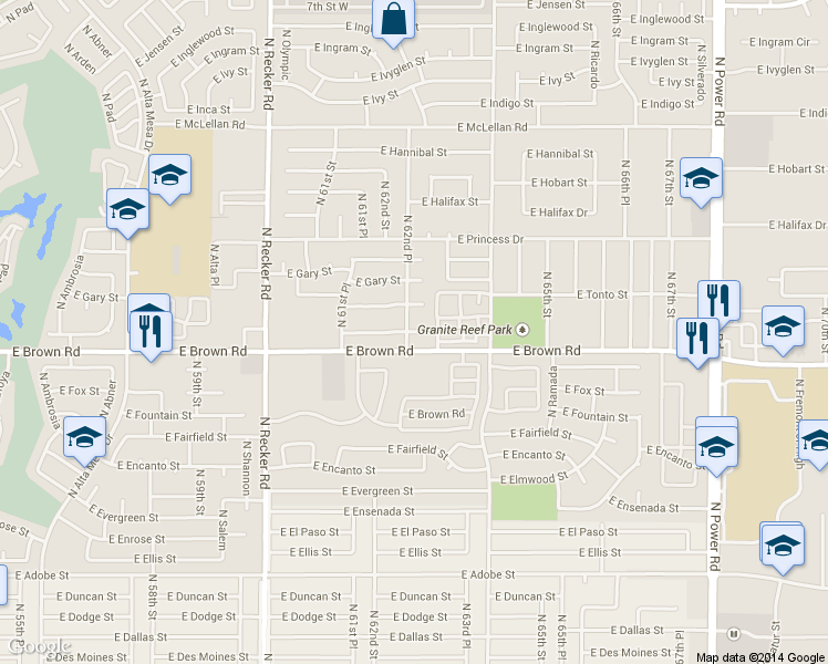map of restaurants, bars, coffee shops, grocery stores, and more near 6238 East Greenway Circle in Mesa